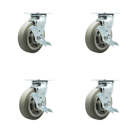 Service Caster 6 Inch Thermoplastic Rubber Swivel Caster Set with Ball Bearings and Brakes SCC SCC-30CS620-TPRBF-TLB-4